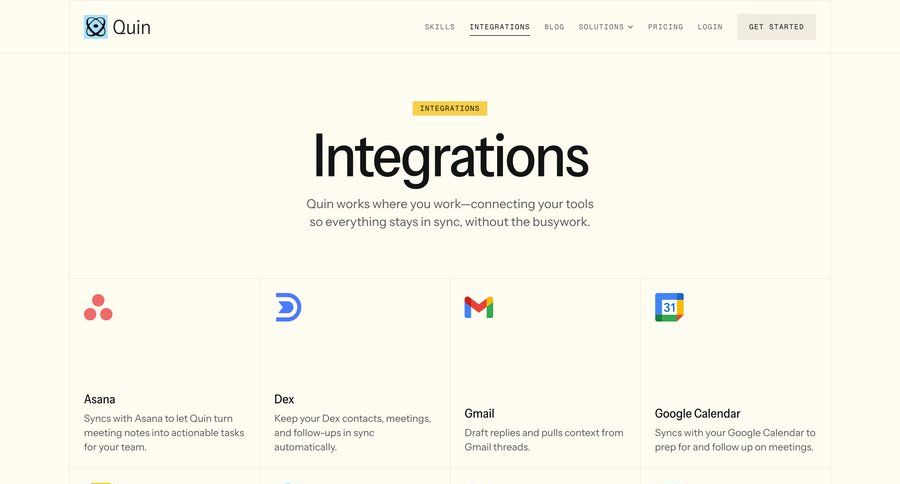 Quin
				integrations ui page example