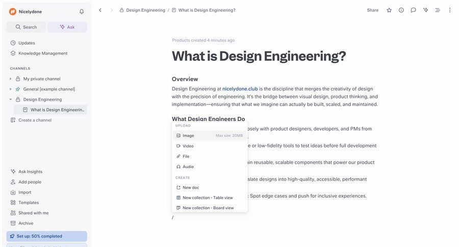 Slite
			 collaboration file upload document management document creation menu upload file ui page example