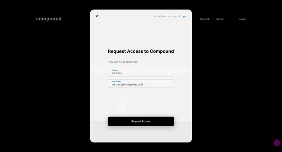 Compound
			 user management form account creation authentication modal finance ui page example
