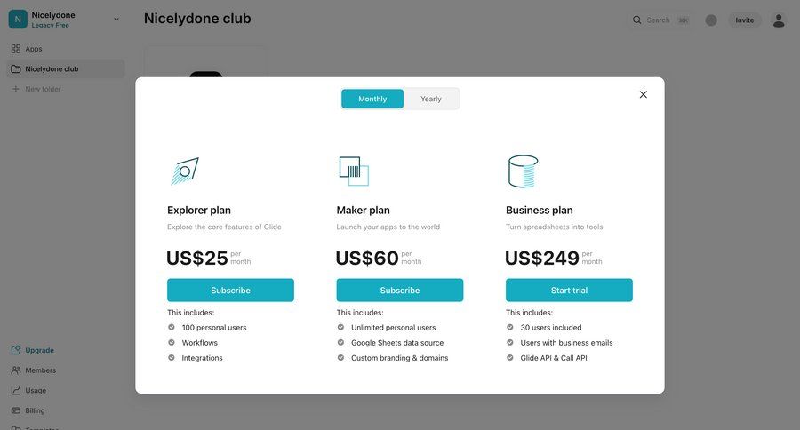 Glide
			 plan comparison features ui page example