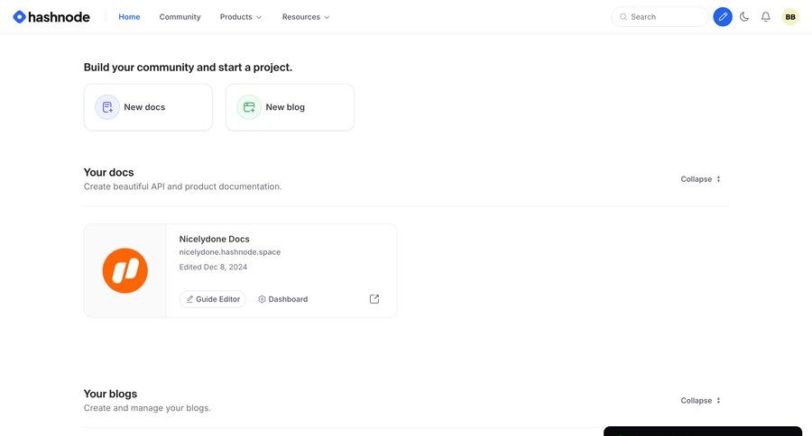 Hashnode
			 dashboard project management project creation alert navigation bar documentation toast notification version control project dashboard ui page example