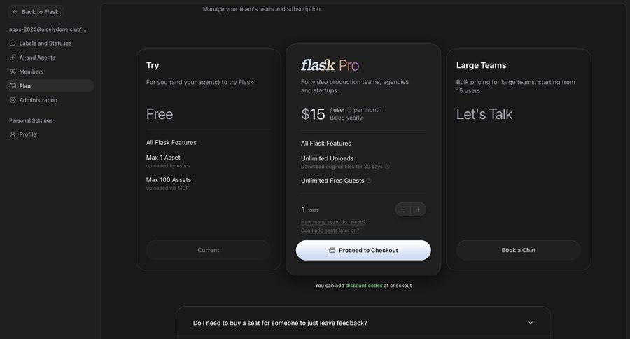 Flask
			settings plans & pricing (in app) billing team settings call to action dark theme navigation bar sidebar accordion sidebar navigation team management account management subscription management plan comparison saas pricing ui page example