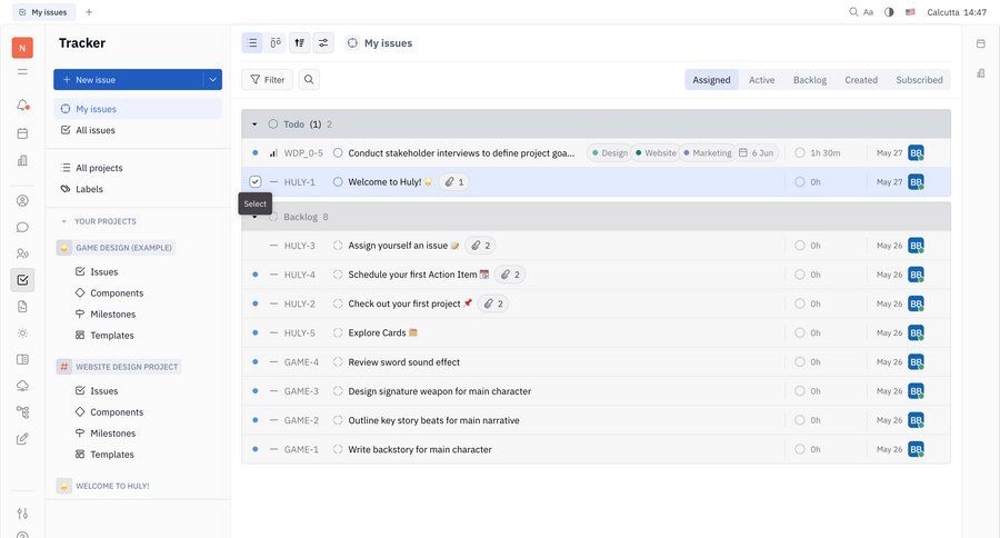 Huly
			 task management sidebar navigation project management project tracking full-screen layout issue tracking menu ui page example