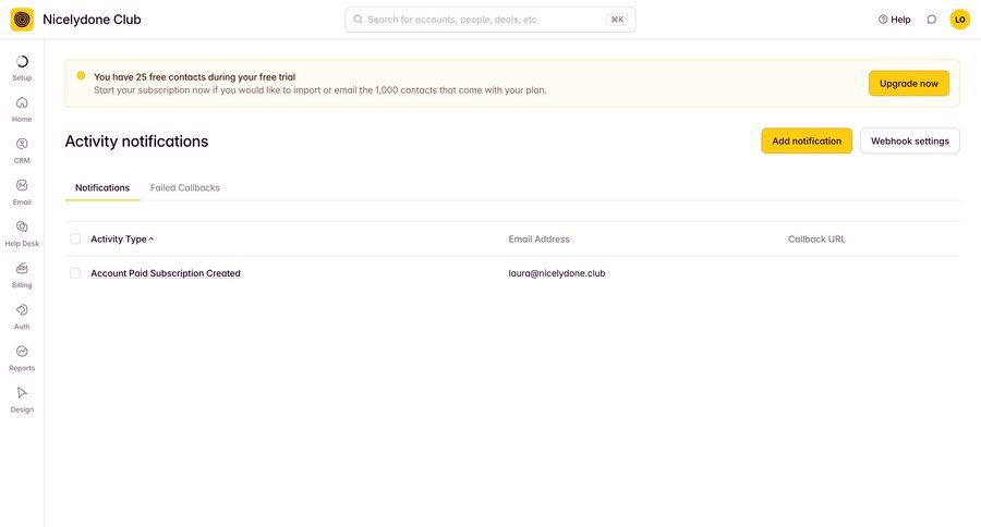 Outseta
			 configuration settings sidebar navigation account management account setup notification management full-screen layout alert table ui page example