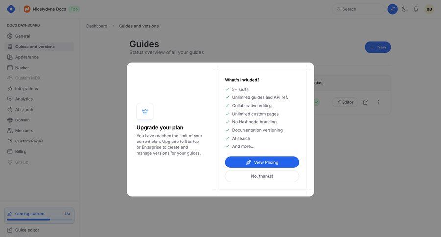 Hashnode
			 content management dashboard sidebar navigation account management progress indicator rounded corners sidebar doc documentation docs progress bar version control ui page example
