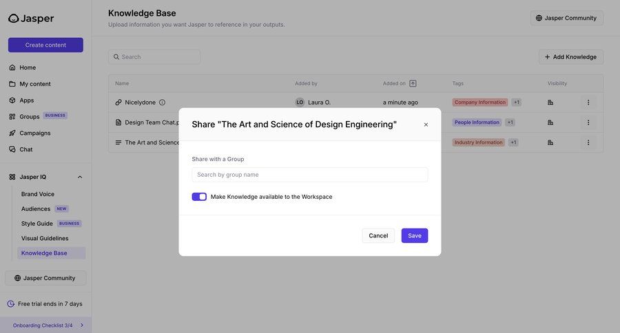 Jasper
			 content management collaboration dashboard artificial intelligence grid share modal knowledge base content sharing knowledge management sidebar table ui page example
