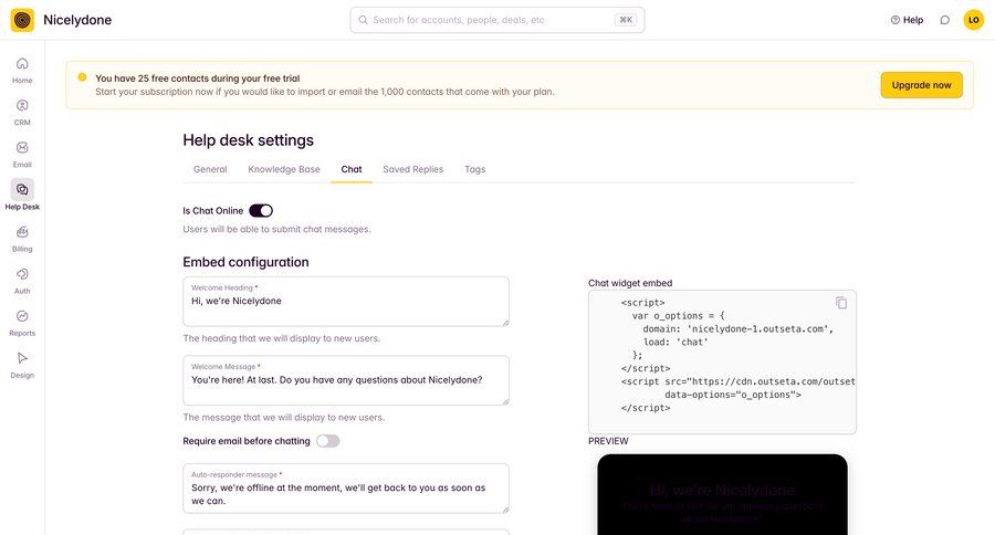 Outseta
			 configuration settings sidebar navigation form chat code snippet ui page example