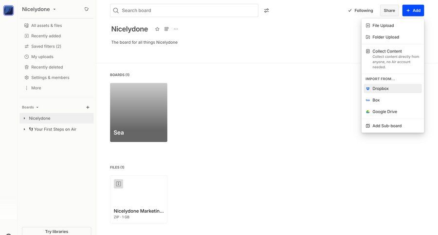 Air
			 content management collaboration project management grid onboarding file upload file management project organization content hierarchy hierarchical navigation navigation sidebar navigation menu ui page example