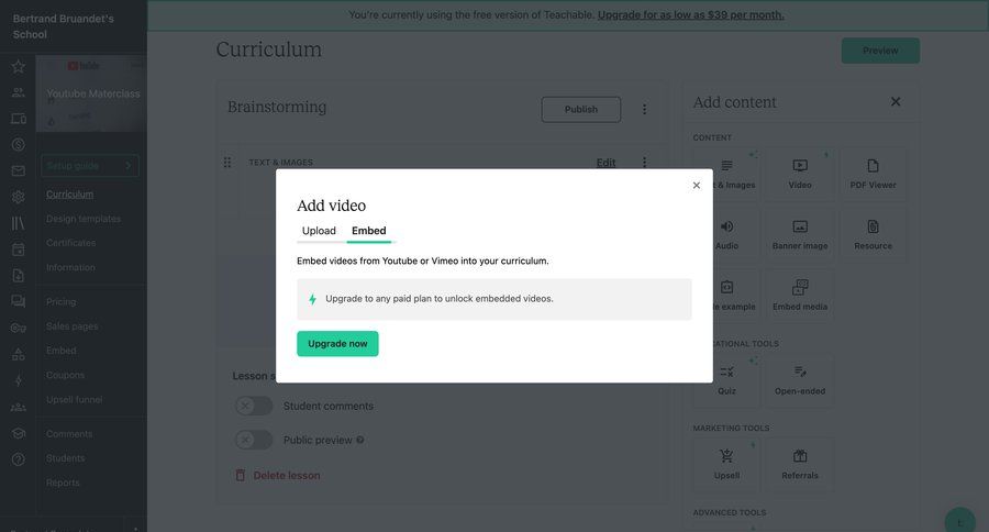 Teachable
			content editor modal & popover edit embed content management sidebar navigation video editor call to action sidebar ui page example