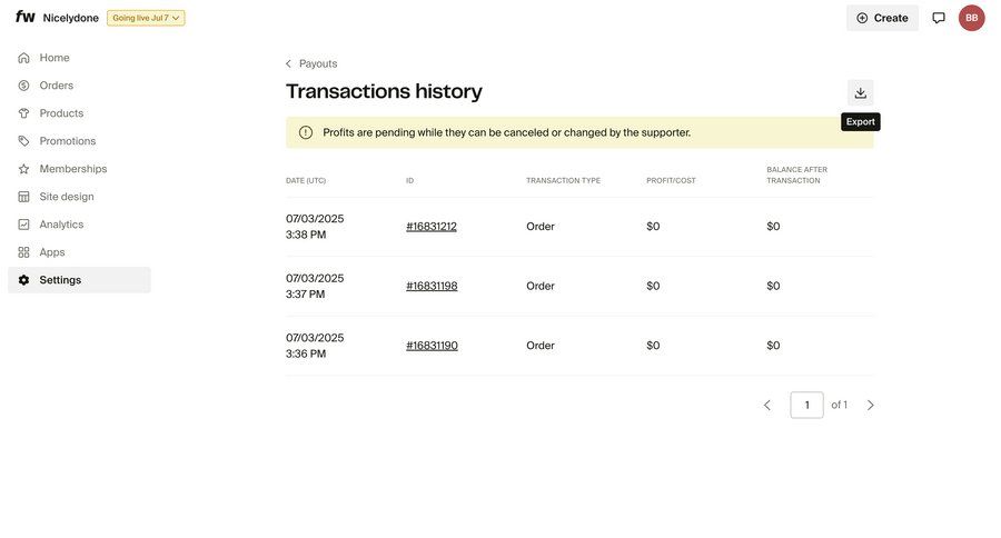 Fourthwall
			 settings e-commerce data export data display alert table transaction history pagination review ui page example