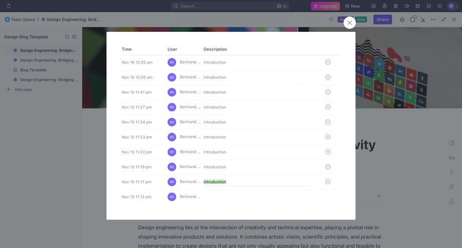 ClickUp
			 collaboration design user activity activity tracking upgrade modal user recent activity social feed newsfeed activity stream review ui page example