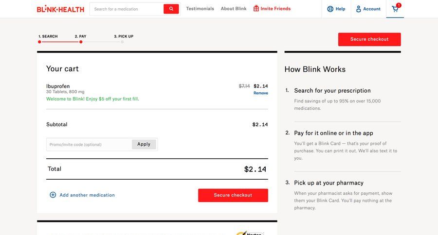 Blink Health
			shopping cart e-commerce progress indicator fitness progress bar transaction history ui page example