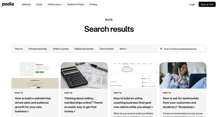 Podia
			 research alternatives blog templates search bar affiliate program search results ui page example