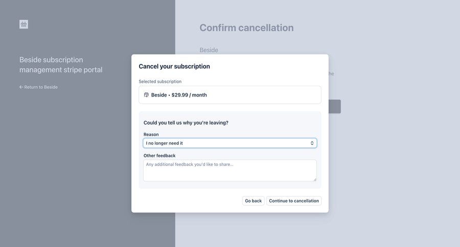 Beside
			form modal & popover billing delete confirmation form account management subscription management feedback collection payment processing ui page example