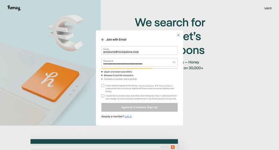 Honey
				signup page example