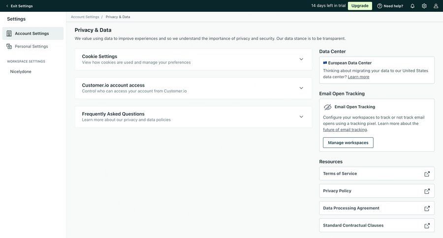 Customer.io
			 data management settings sidebar navigation account setup account settings privacy settings content blocks accordion data security ui page example