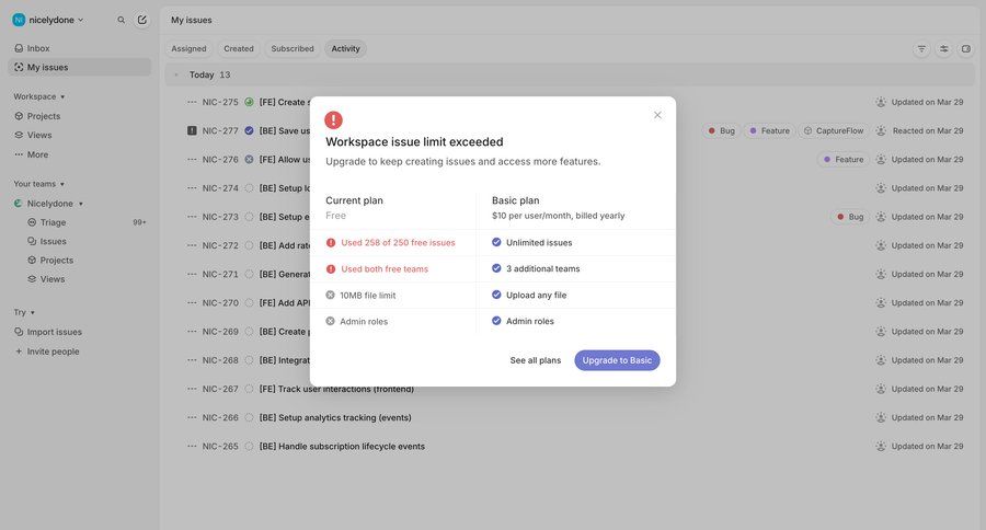 Linear
			 project management plan comparison upgrade modal ui page example