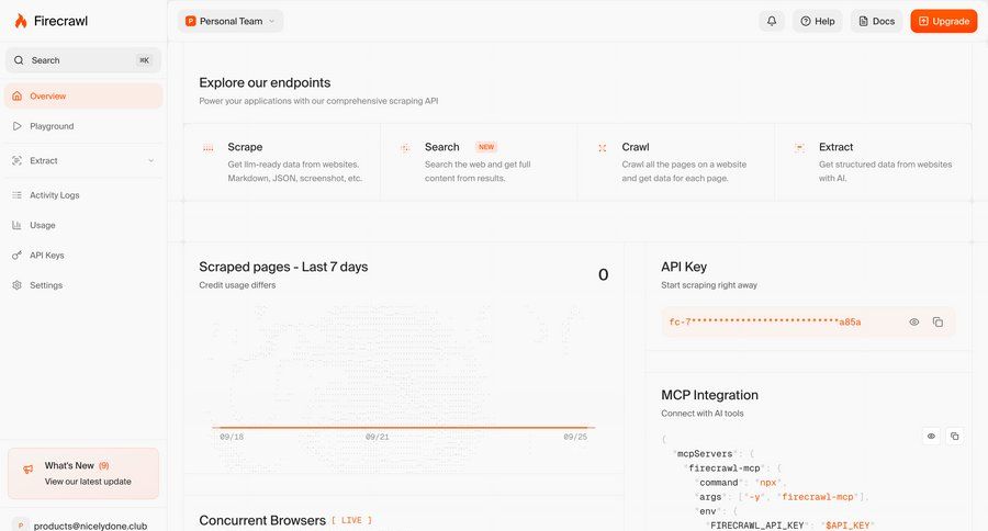 Firecrawl
			home api upgrade your account charts & graphs dashboard sidebar integration ui page example