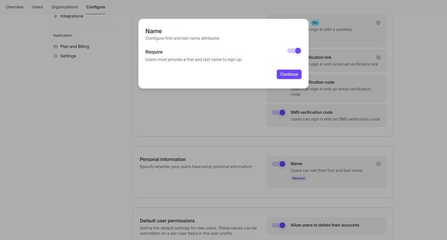 Clerk
			 modal screen configuration settings user management account management account setup user settings user authentication modal interaction save changes rounded corners email verification user permissions ui page example