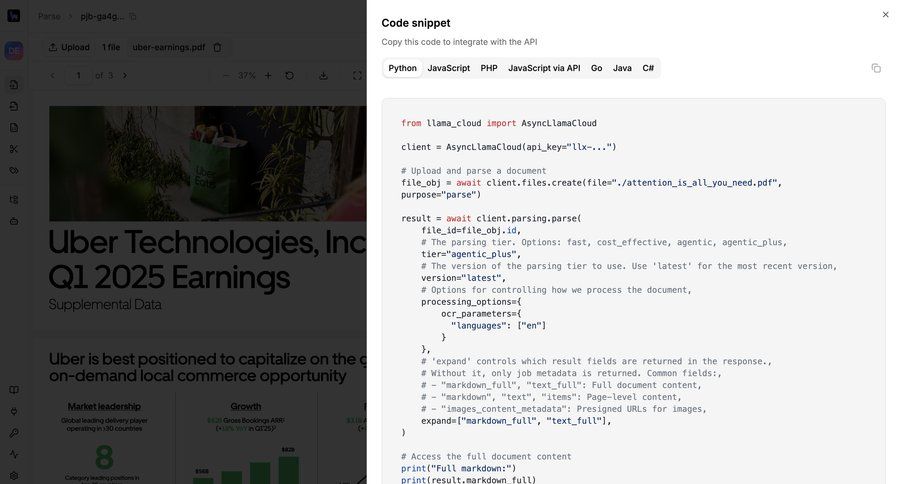 Llamaindex
			 api integration code snippet ui page example