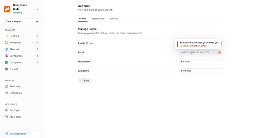 UserJot
			 settings account management form save changes email verification alert ui page example