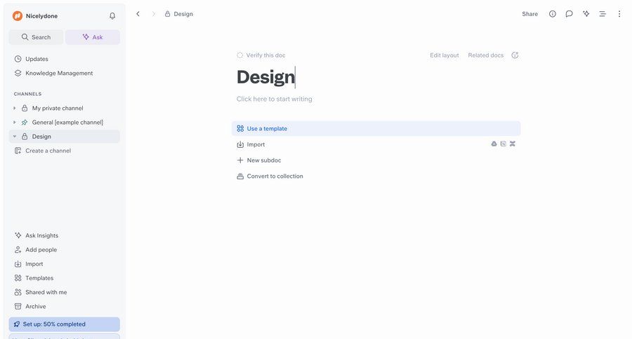 Slite
			list detail page content editor collaboration sidebar navigation document creation template selection create menu ui page example