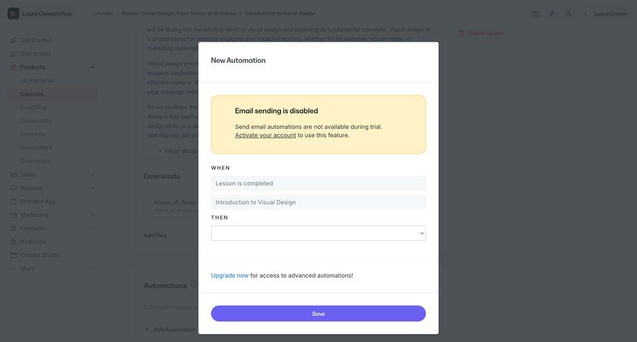 Kajabi
			 modal screen configuration sidebar navigation form automation automation setup dashboard warning sidebar alert create setup ui page example