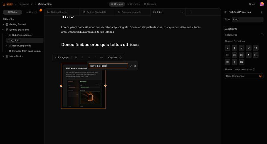 Basehub
			 content management project management delete editor tree view content blocks wysiwyg sidebar menu documentation rich text ui page example