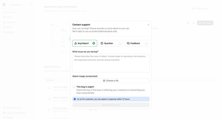 Mintlify
			 modal screen form file upload feedback collection attachment version history ui page example