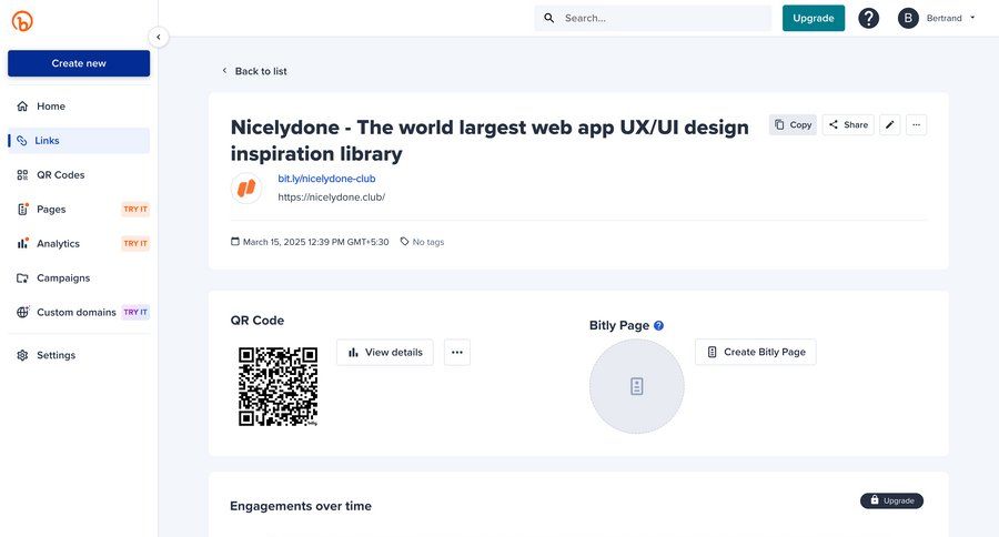 Bitly
			 dashboard sidebar navigation sidebar information page detail view item details info view data visualization world map modern table pagination analytics ui page example
