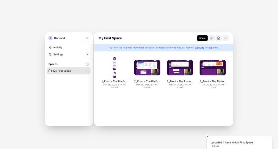 Shuttle
			 collaboration dashboard sidebar navigation progress indicator file management document list free trial sidebar folder upload file toast notification ui page example