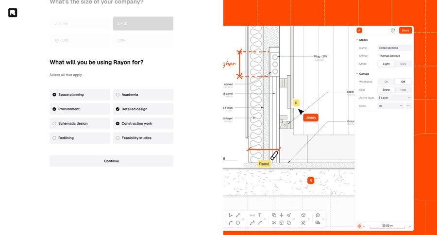 Rayon
			 collaboration project management grid onboarding form project setup full-screen layout setup on boarding data visualization sharing ui page example