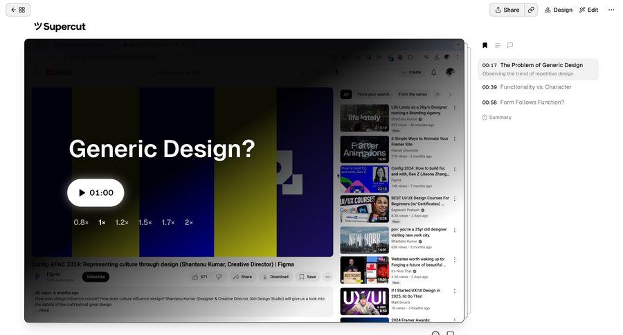 Supercut
			player timeline sidebar navigation design full-screen layout content discovery video player content hierarchy sidebar menu download timeline ui sharing ui page example