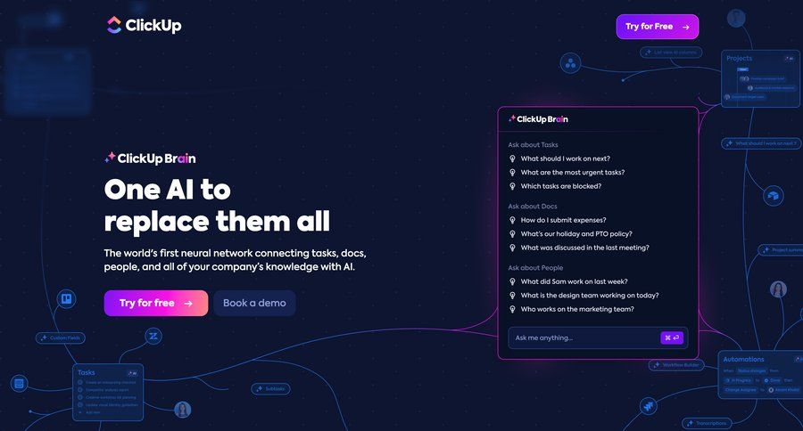ClickUp
			 coming soon task communication call intelligence call transcript search suggestions rich text campaign creation suggestion comment mode command k prompt completion transcript ui page example
