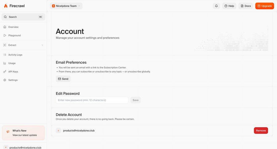 Firecrawl
			settings form delete account account settings settings sidebar navigation account management form account settings account deletion password management ui page example