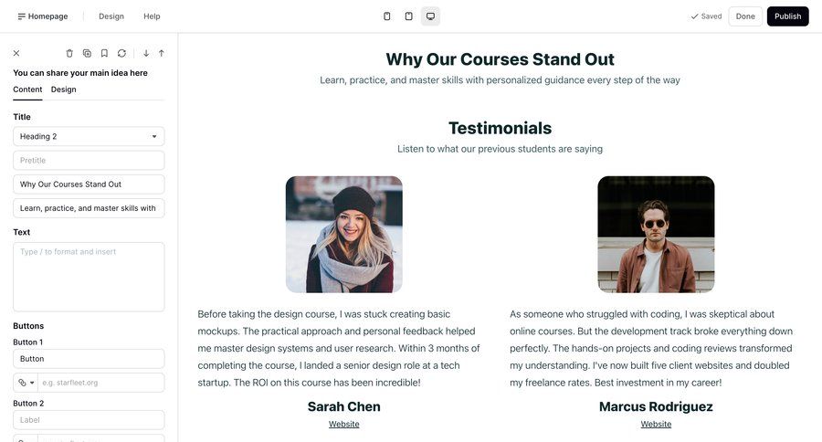Podia
			 content management editor content management system course creation testimonials ui page example