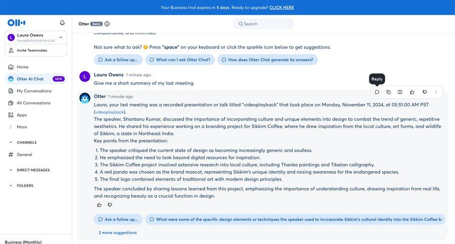 Otter
			 modern user profile sidebar menu sidebar navigation message communication meeting navigation sidebar chat review suggestion chat interface conversational ui conversational ai chat ai assistance tips ai suggestions search suggestions voice ui page example