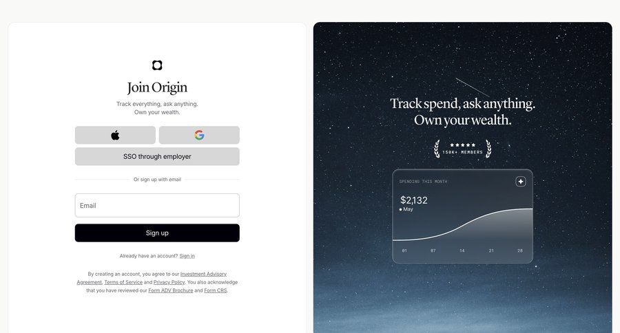 Origin Financial
				signup ui page example