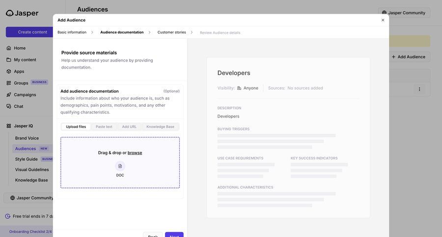 Jasper
			 content management onboarding form file upload drag and drop user data progress documentation ui page example