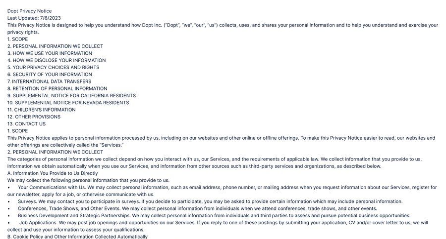 Dopt
				privacy policy page example