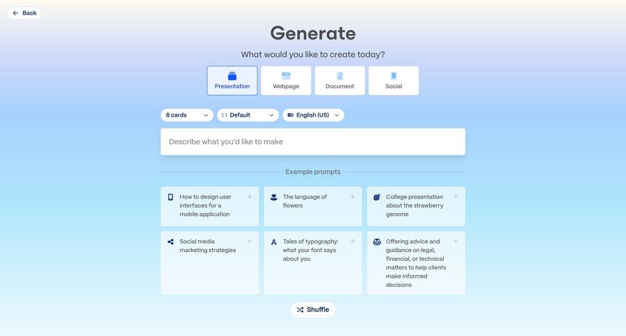 Gamma
			create content editor artificial intelligence artificial intelligence form generate ui page example