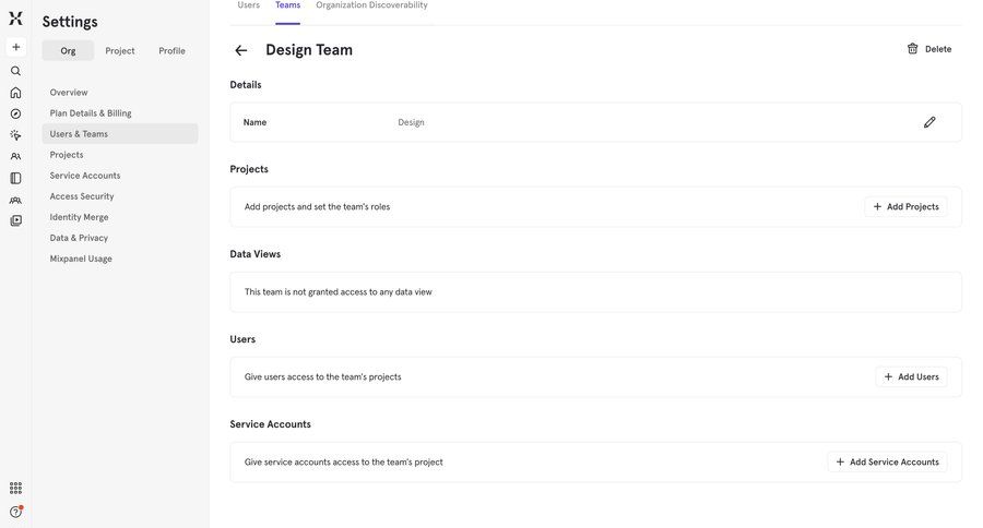 Mixpanel
			 access control detail view organization settings team management ui page example