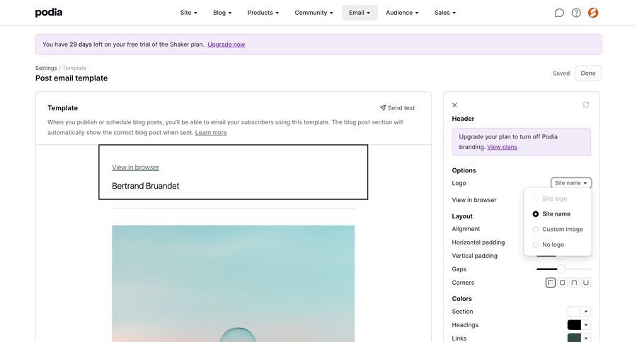 Podia
			 e-commerce form editor customize template customization email free templates blog templates ui page example