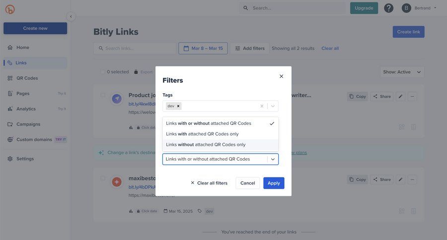 Bitly
			 task completion dropdown filters lists search bar controls ui page example