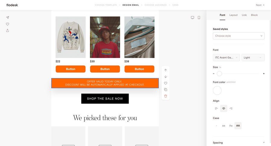 Flodesk
			 e-commerce editor split screen style customization typography sidebar create generate announcement ui page example