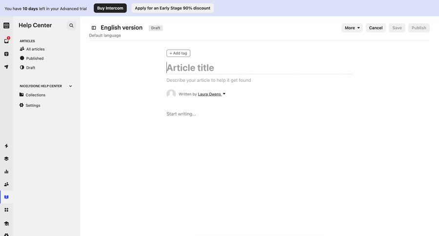 Intercom
			 content management sidebar navigation wysiwyg editor tagging cancel trial sidebar menu article documentation ui page example