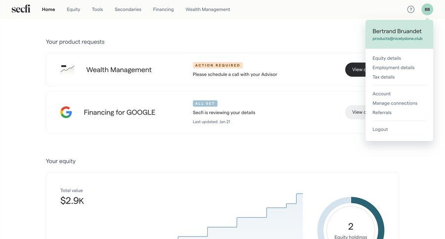 Secfi
			 dashboard account management finance dashboard overview user profile personal space menu ui page example