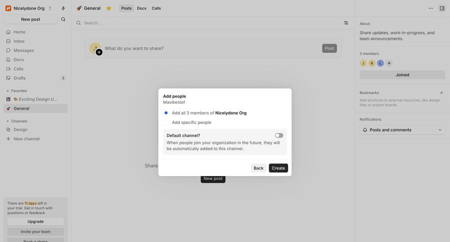 Campsite
			 modal screen collaboration team collaboration sidebar navigation project management user management channel management user invitation features management sidebar collaborators group members ui page example