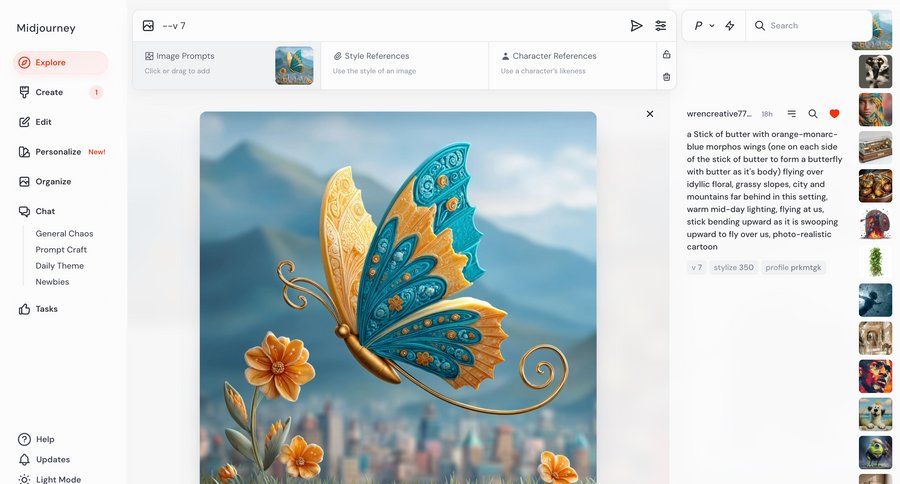 Midjourney
			 sidebar navigation artificial intelligence grid design full-screen layout drag and drop content discovery sidebar search bar ui page example