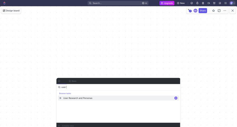 ClickUp
			search design editor collaboration user research design document creation create research menu modern search bar search results ui page example